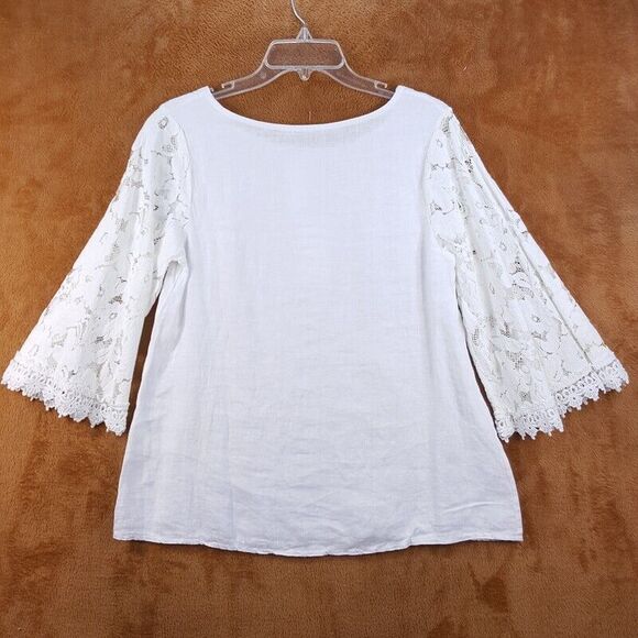 LUNGO L'ARNO Womens Top Small White Pullover Lace Crochet Wide Sleeve 100% Linen - Picture 5 of 9